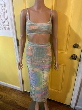 Soft Pastel Multicolor Crochet Knit 3-Piece Set — Cropped Top & Maxi Skirt sm/m